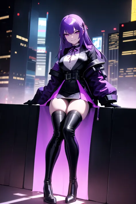 whole body, isometric, medium shot, City, evening, cyberpunk,, purple hair, black jacket, White shirt, black skirt, Red ribbon, purple eyes, white gloves, wide, evil smile,thigh high boots