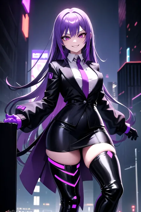 whole body, isometric, medium shot, City, evening, cyberpunk,, purple hair, black jacket, White shirt, black skirt, Red ribbon, purple eyes, white gloves, wide, evil smile,thigh high boots