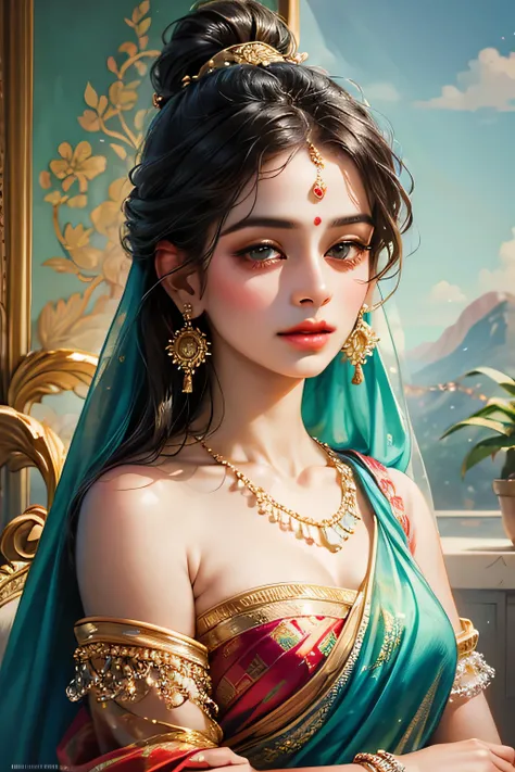 painting of a woman in a colorful sari with a necklace and earrings, beautiful character painting, painting of beautiful, indian art, traditional beauty, beautiful art uhd 4 k, beautiful digital artwork, very beautiful portrait, beautiful digital painting,...