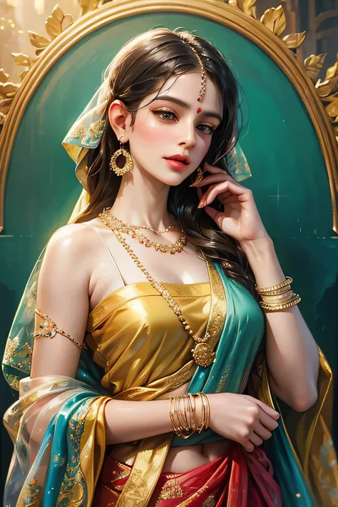 painting of a woman in a colorful sari with a necklace and earrings, beautiful character painting, painting of beautiful, indian art, traditional beauty, beautiful art uhd 4 k, beautiful digital artwork, very beautiful portrait, beautiful digital painting,...