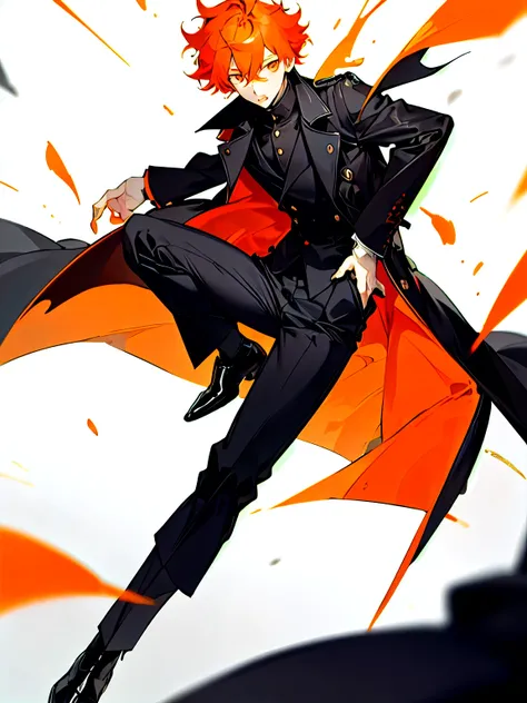 Best Quality,Masterpiece,detailed, boy with orange hair, short hair, orange white eyes, elegant black trench coat, Black pants, messy hair, ojos extremadamente detaileds ,Alone