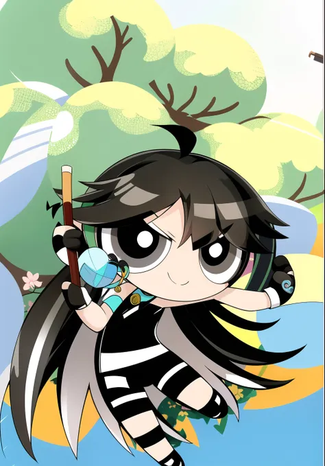 (long hair, gradient hair, black white hair), smile, chibi, 1girl,  black eyes, gloves, jewelry, shorts, black shorts, asymmetrical gloves, big blossom tree background,