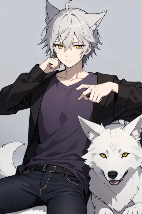 Cool guy,Beautiful youth, Silver Hair, Yellow Eyes, Wolf hair, Long, narrow eyes, Purple Shirt,Black damaged jeans, White Background, Dog Pose, Raise your shoulders, Flying black heart,high quality, Draw Amount, Pixiv illustration