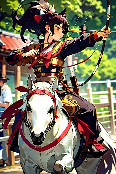 (masterpiece, best quality:1.2), yabusame, beautiful girl, horse, (horseback riding:1.2), (holding bow:1.2), (holding arrow:1.2), (aiming:1.2), (jumping:1.2), (hole body:1.2), (blurry background:1.2),