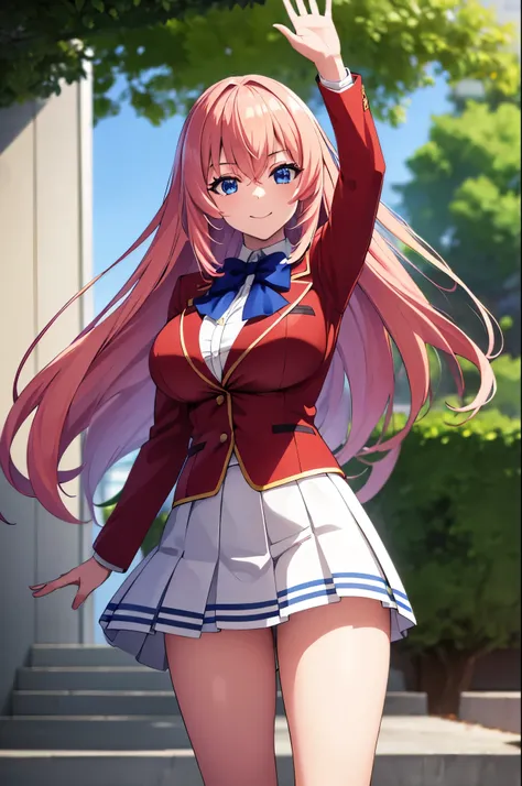(masterpiece:1.3), (best quality:1.1), (8k, ultra detailed, ultra high res:1.2), ((anime style)), perfect 5 fingers, perfect anatomy, 
1girl,
Ichinose honami, 
long hair, 
pink hair, 
blue eyes, round eyes, tareme, 
arm up, waving,  
blue bow, 
large breas...