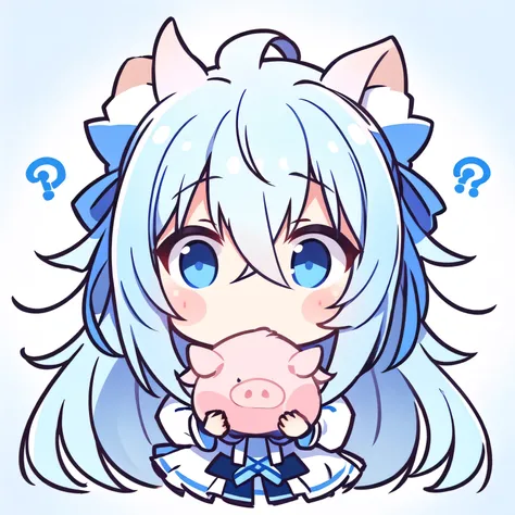 Masterpiece, best quality, girl, long hair, pig head, messy hair, blue and white gradient hair, simple background, confused face, question, Question mark, curious face, detailed girl avatar, Positive image, Profile image, Third view, 9 emojis