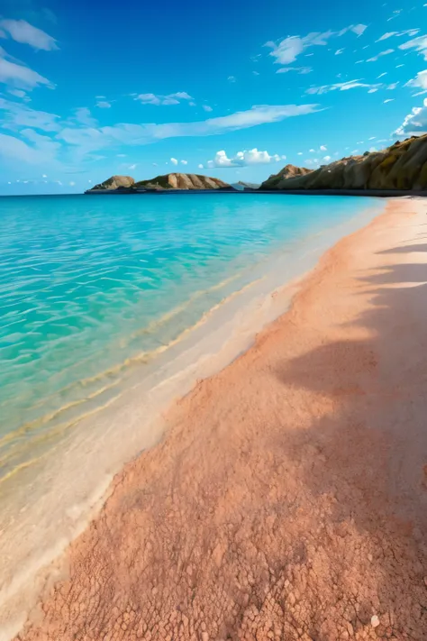 (Pink),Beach,Blue sky and white clouds,Deep blue waters,Super Realism,Upper, middle and lower distribution