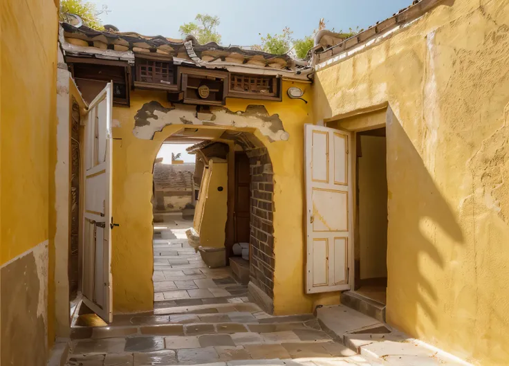 The exterior of an ancient communal house features yellowed walls, yin-yang tiled roofs, and traditional patterns, all of high quality.