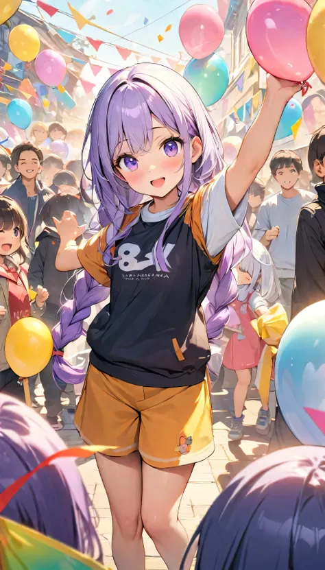 (Best quality, 8K, 32k, masterpiece, Ultra HD:1.3), (Childrens Day illustration), Two children in casual sportswear cheering with hands raised in a square,  yinji, Purple Hair, Purple Eyes, Long hair, White hair, Double braid, Gradient hair, Bright and war...