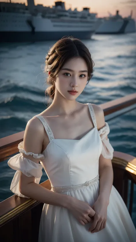 beautiful, detailed, Realistic portrait of a young man, A 20-year-old woman standing on the deck of the RMS Titanic in 1913., wearing a dress that is above the knee, with extremely detailed facial features, Big expressive eyes, High quality rendering, cine...