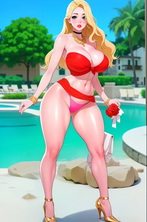 An extremely beautiful stunning busty woman, with gold blonde long silky hair, big blue eyes, extremely super bright snow white fair stunning flawless glowing lush shiny flawless white skin, a perfect tight hourglass figure, and a skinny waist, sexy thick ...