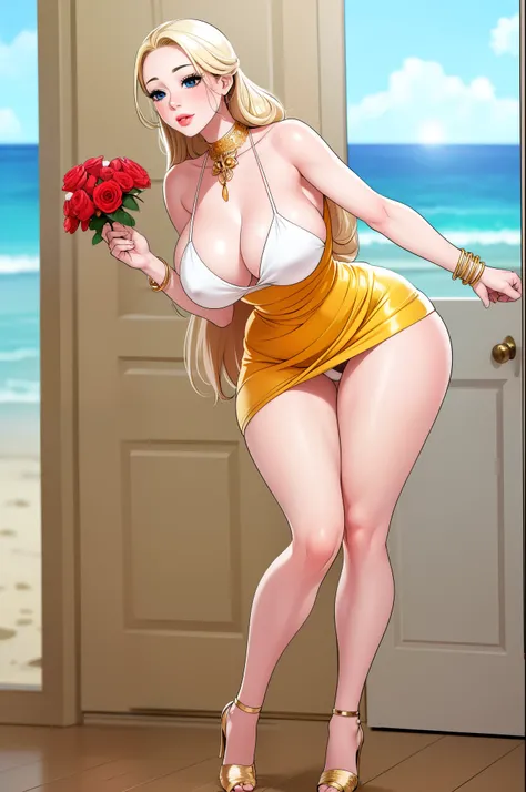 An extremely beautiful stunning busty woman, with gold blonde long silky hair, big blue eyes, extremely super bright snow white fair stunning flawless glowing lush shiny flawless white skin, a perfect tight hourglass figure, and a skinny waist, sexy thick ...