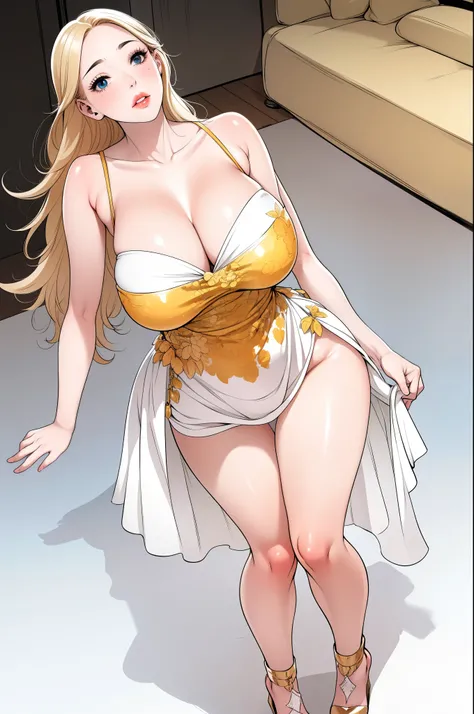 An extremely beautiful stunning busty woman, with gold blonde long silky hair, big blue eyes, extremely super bright snow white fair stunning flawless glowing lush shiny flawless white skin, a perfect tight hourglass figure, and a skinny waist, sexy thick ...