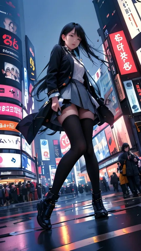 Shibuya Scramble Crossing、((Shooting from a camera placed on the ground))、(Low - Angle)、Beautiful lighting、Dynamic Angles、Photo portrait、sharp、22 years old、Black Hair、Long Hair、Masterpiece、Highest quality、Model pose、Moderate bust