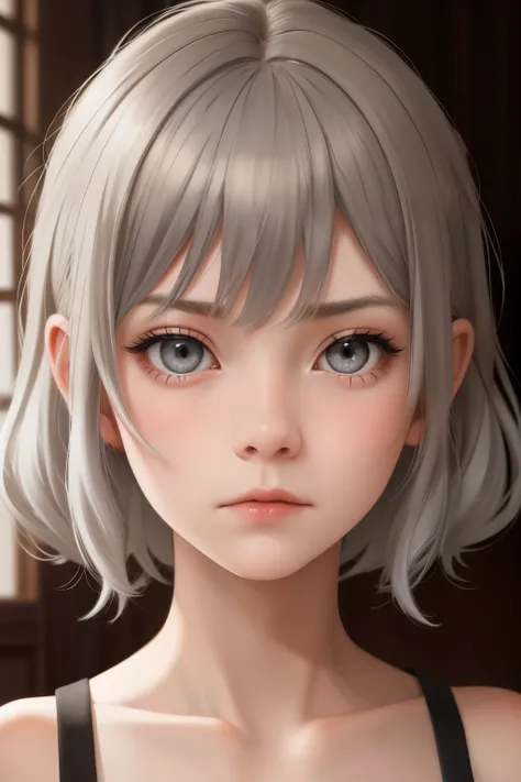 eleven year old young girl, long light grey hair, detailed grey eyes, apathetic expression