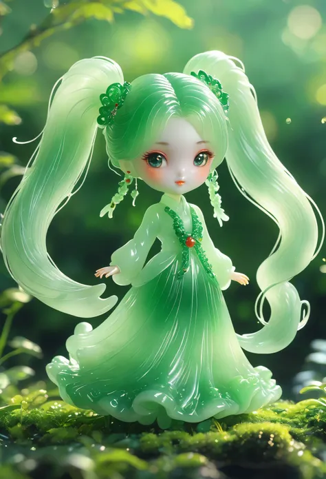 best quality, very good, 16K, ridiculous, Very detailed, Gorgeous(((Twin Tails 1 Girl 1.3))),Made of translucent jadeite, Background grassland((A masterpiece full of fantasy elements))), ((best quality)), ((Intricate details))(8K)