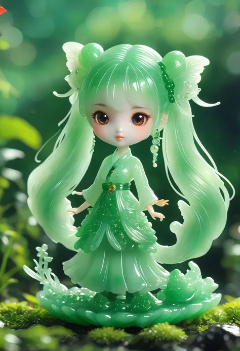 best quality, very good, 16K, ridiculous, Very detailed, Gorgeous(((Twin Tails 1 Girl 1.3)))，Made of translucent jadeite, Background grassland（（A masterpiece full of fantasy elements）））， （（best quality））， （（Intricate details））（8K）