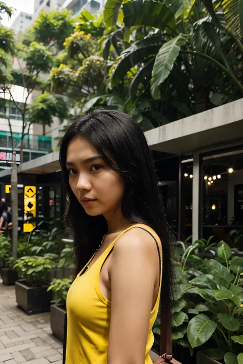 Indonesian woman, 17 years old, long black hair hightlight yellow. Wearing black tanktop, city garden