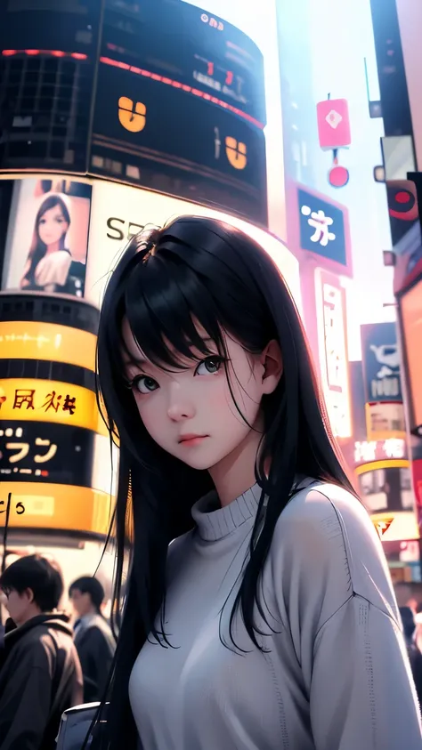 Shibuya Scramble Crossing、Beautiful lighting、Dynamic Angles、Photo portrait、sharp、Black Hair、Long Hair、Masterpiece、Highest quality、22 years old、White knit、Upper Body