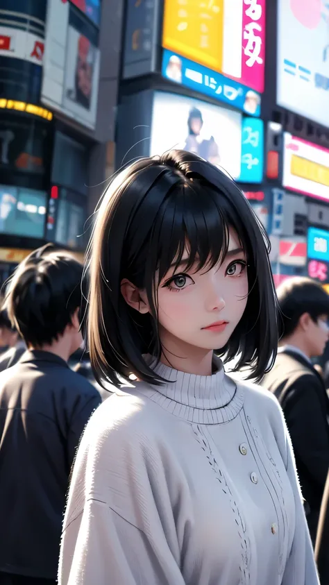 Shibuya Scramble Crossing、Beautiful lighting、Dynamic Angles、Photo portrait、sharp、Black Hair、Twin tailasterpiece、Highest quality、22 years old、White knit、Upper Body、Moderate bust、
