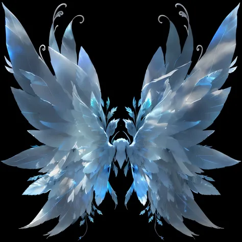 With two blue wings，There is a vortex on it, Ethereal Wings, Transparent wings, wings made of glass, 半Transparent wings, Symmetrical wings, Feathery wings, Symmetrical Wing, Giant white glowing wings, Symmetrical wings, Angel Wings, infinite Angel Wings, w...