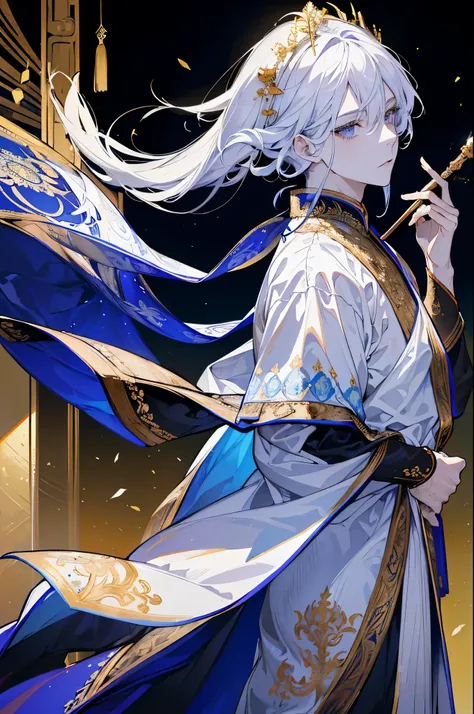 Man, Boy, Boy in late 20s, Man, BOY Create a highly detailed and majestic image of A Deity, God, White hair, White Eyes, White Pupil, the supreme ruler of the deities. He should be depicted as a powerful, radiant figure exuding an aura of divine authority....