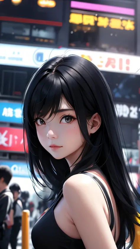 Shibuya Scramble Crossing、Beautiful lighting、Dynamic Angles、Photo portrait、sharp、Black Hair、Twin tailasterpiece、Highest quality、22 years old、Self-Defense Force member、Upper Body、Moderate bust、Asian、woman
