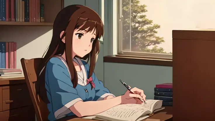 Anime girl sitting at desk with pen and book, Anime movie screenshots, Anime movie screenshots, Studio Ghibli Anime Screenshots, Anime movie stills, A still from the anime, Ghibli anime style, Ghibli anime style style, Studio Ghibli anime films, Today&#39;...