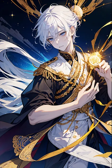 Man, Boy, Boy in late 20s, Man, BOY Create a highly detailed and majestic image of A Deity, God, White hair, White Eyes, White Pupil, the supreme ruler of the deities. He should be depicted as a powerful, radiant figure exuding an aura of divine authority....