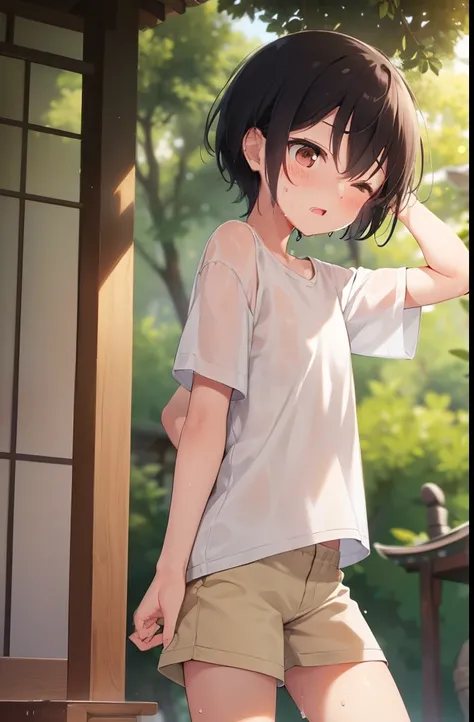 shrine,Are standing,Put your hands behind your back,close your eyes,1 tiny  ,short hair,Black Hair,blush,White T-shirt,Olive green shorts,barefoot,White skin,summer,From below,shy,Sweat,Open your mouth,Wet,