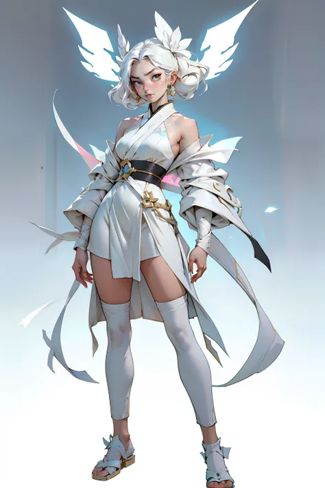 Full-body portrait of a League of Legends styled beautiful Asian female warrior, unmasked, revealing her radiant face, clad in pristine training robes, predominantly in natural and radiant white hues, set against a vibrant, luminous backdrop, captured in a...