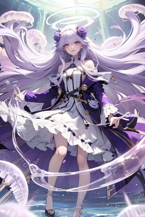 One girl,Long Hair,Fluffy hair,Thighs,Garter Ring,Long skirt,Jellyfish,jellyfish,Light purple clothes,White Hair,Droopy eyes,Kind Face,arms,Beautiful girls,mole,Highest quality,Pale purple,smile,Jacket,dress,Detailed face,bright,