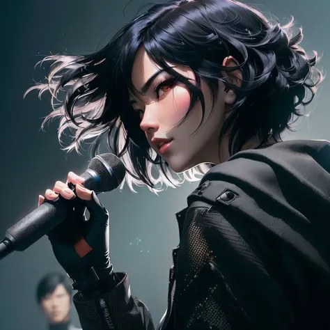 A woman holding a microphone、The man behind it, Ishida Sui with black hair, Jan J, By Yoshihiko Wada, Gweiz-style artwork, Album art, Fan art, Lostrun 8k, Digital Art Ilya Kuvshinov, By Chen Yanjun, 8k art germany bokeh