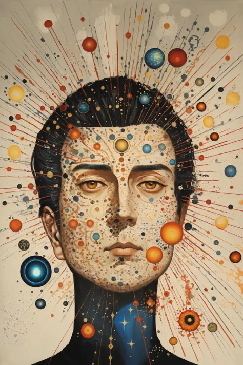 The painting shows an oriental man with many dots on his face., Portrait of a Cosmic Entity, Portrait of Alan Watts, naoto hattori, Strange portrait with galaxies, Paul Lafley, Portrait of the god of the universe, 