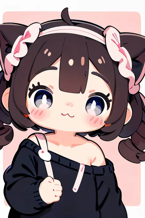 Shoulder sweater, Curly shorthair, hair scrunchie, Twin-tailed, kawaii pose、A face and pose that expresses deliciousness