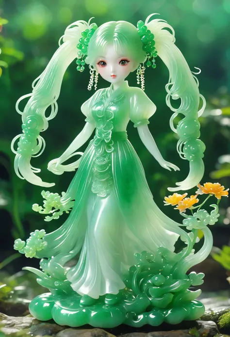 best quality, very good, 16K, ridiculous, Very detailed, Gorgeous(((Twin Tails 1 Girl 1.3))),Made of translucent jadeite, Background grassland((A masterpiece full of fantasy elements))), ((best quality)), ((Intricate details))(8K)