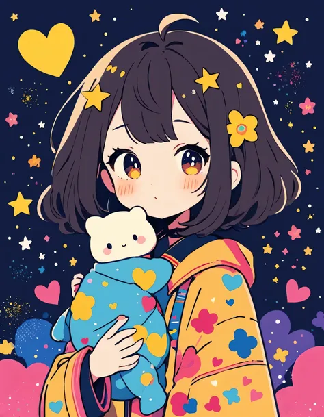 Mika Pikazo style, Simple Line Initialism,Abstract art,Kawaii Design, The most beautiful girl of all time、chibi, The background is star dust, colorful hearts, colorful flowers