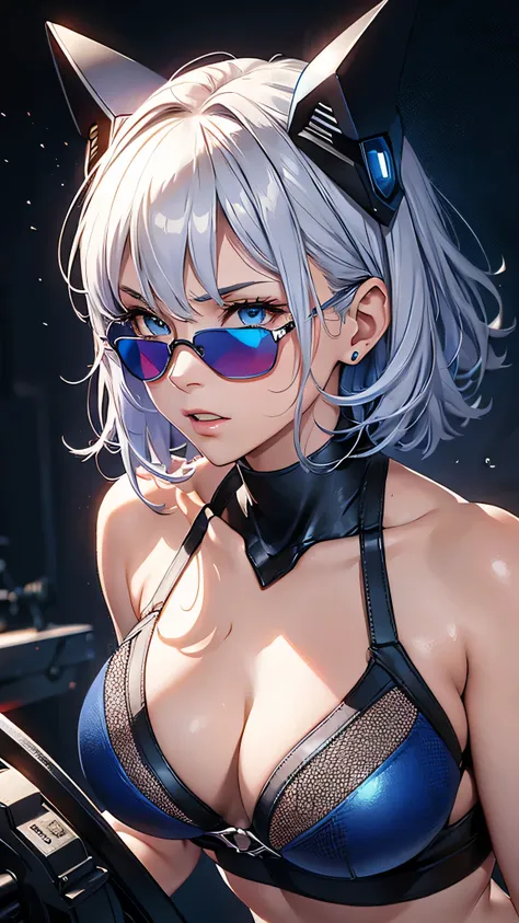 最high quality、Best image quality、masterpiece、With a girl((cute、20-year-old、Best Bust、Medium Bust、Bust 85,Beautiful Blue Eyes、Spread your chest wide,Short silver hair、Slender、The best valley、、Blue Bikini、,Show the whole body、Black perforated gloves,Blue Mes...