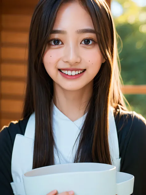 ((highest quality、8k、masterpiece:1.3)),((((upper body shot)))),Ultra-high resolution,big eyes,Japanese,forehead,bangs,(a girl),(1 girl),((16 years old)),((cute)),pretty,((facing at viewer)),(long hair),((black clothes)),grin