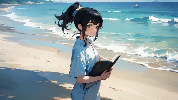 Browsing Caution、With the highest quality、A girl in her twenties standing on a beach。High resolution、Beautiful details、Quiet atmosphere。Black hair ponytail、Cute Smile,I have a book,Ocean,Tropical atmosphere