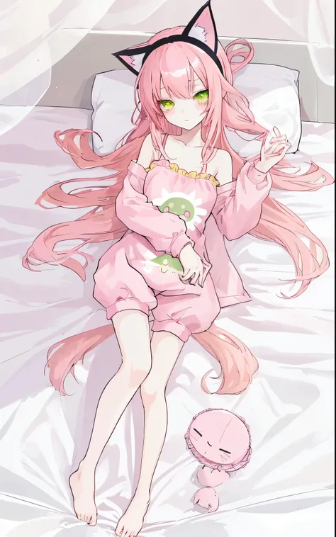 cute anime girl with long pink hair and yellow green eyes, on bed, a cup size, short height, slim body, wearing sleeping wear and cat headband.