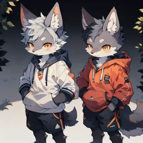 Shota,hairy,Lovely,charming,Navy blue fur,White ears,Orange eyes,hoodie,Grey shorts,Cold Light,night,Fantastic shadow light,male,Wolf