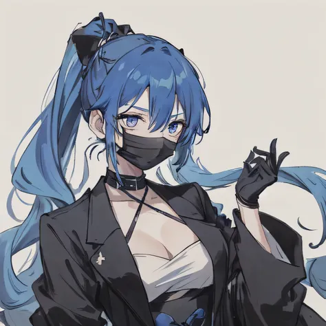 A woman with tied back bright blue hair, a poison user, wearing a black mask and black outfit, against a white background, expressionless