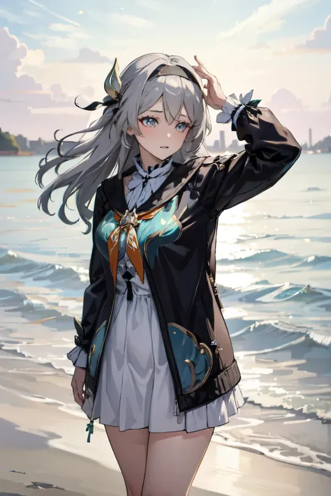 fireflydef, jacket, dress, bow, hairband, hair ornament, grey hair fireflycus, hairband, hair ornament, grey hair, underwear, cute, sexy, background,seaside
