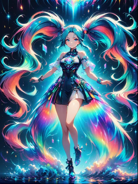 (A young woman with cyan hair in double ponytails:1.5),Wearing a futuristic outfit,Consists of an electronic-themed dress,(She was wearing transparent high heels made of electronic elements.:1.3),Her headband consists of a square-shaped emblem.,Hanging rib...