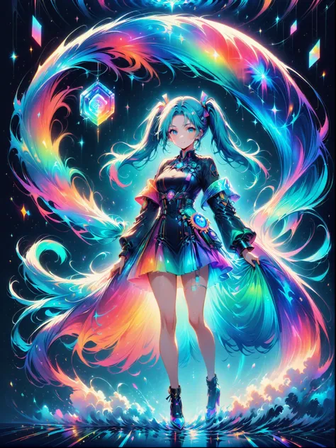 (A young woman with cyan hair in double ponytails:1.5),Wearing a futuristic outfit,Consists of an electronic-themed dress,(She was wearing transparent high heels made of electronic elements.:1.3),Her headband consists of a square-shaped emblem.,Hanging rib...