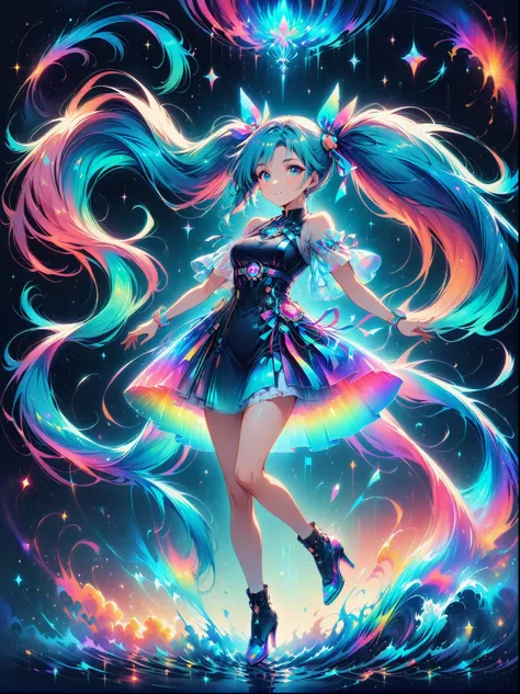 (A young woman with cyan hair in double ponytails:1.5),Wearing a futuristic outfit,Consists of an electronic-themed dress,(She was wearing transparent high heels made of electronic elements.:1.3),Her headband consists of a square-shaped emblem.,Hanging rib...