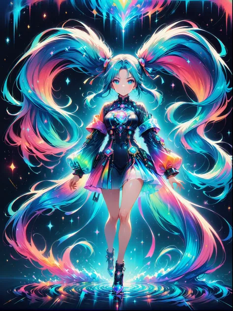 (A young woman with cyan hair in double ponytails:1.5),Wearing a futuristic outfit,Consists of an electronic-themed dress,(She was wearing transparent high heels made of electronic elements.:1.3),Her headband consists of a square-shaped emblem.,Hanging rib...