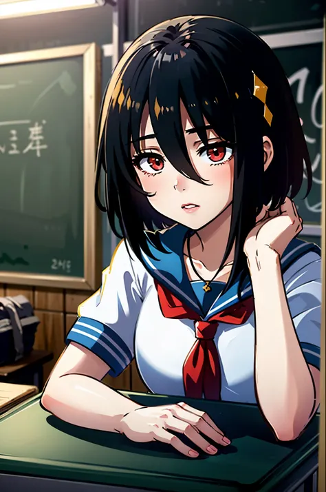 masterpiece, highest quality, one girl, alone, ep phenyl, short hair, black hair, red eyes, hair between the eyes,necklace, , sa...