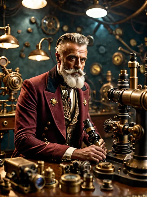 photo focus on male focus, indoors, realistic scenery, (captain nemo:1.1), retro-futuristic, microscope,  using a microscope,  steampunk nautilus-style. very wide shot, character photo portrait, film, professional, 4k